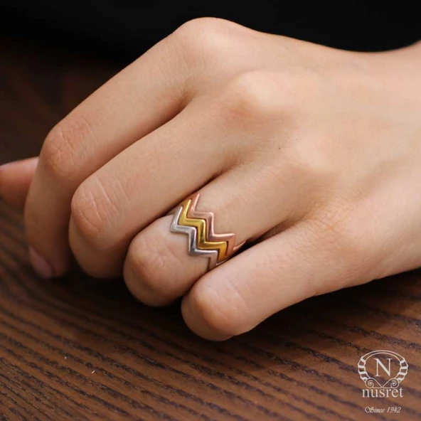 925 Ayar Gümüş Zikzak Yüzük, 3 Renk ürün görseli 1
