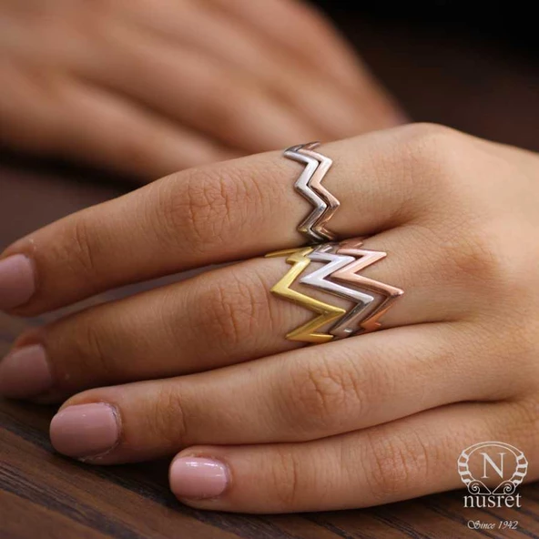 925 Ayar Gümüş Kalın Zikzak Yüzük, 3 Renk ürün görseli 1