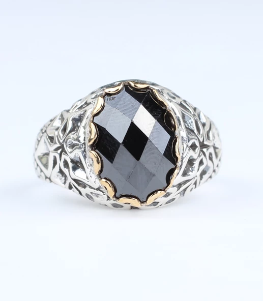 925 Ayar Gümüş Fasetli Garnet Taşlı Antik Yüzük - Resim 3