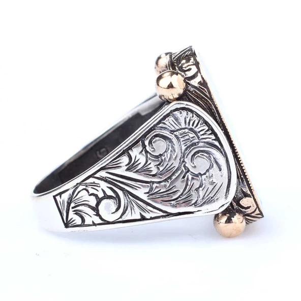 925 Ayar Gümüş ve Bronz Dikdörtgen Siyah Mineli Elif Vav Harf Desenli Erkek Yüzük - Resim 2