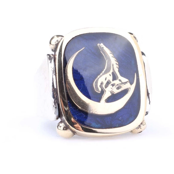 925 Ayar Gümüş ve Bronz Mavi Mineli Ay ve Kurt Desenli Erkek Yüzük - Resim 4