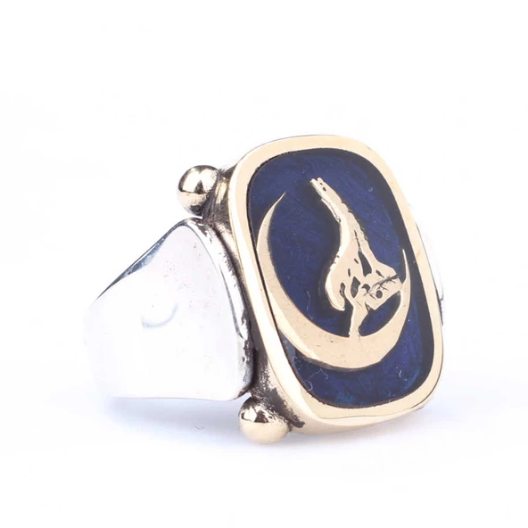 925 Ayar Gümüş ve Bronz Mavi Mineli Ay ve Kurt Desenli Erkek Yüzük ürün görseli