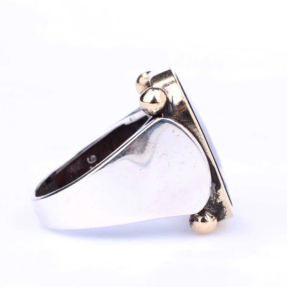 925 Ayar Gümüş ve Bronz Mavi Mineli Ay ve Kurt Desenli Erkek Yüzük - Resim 3