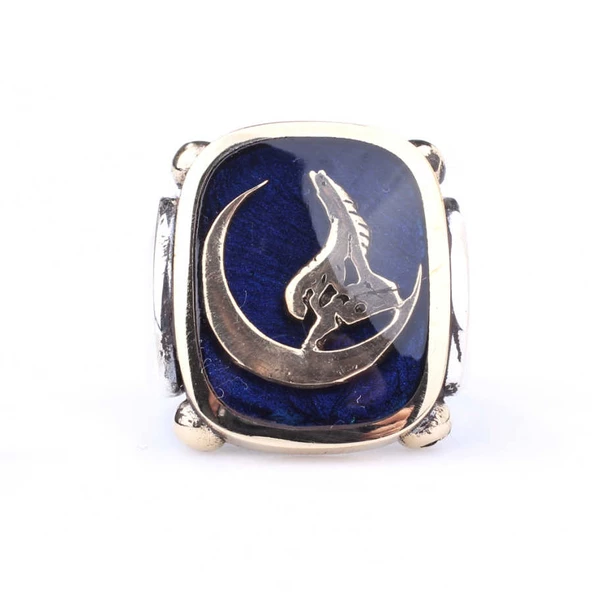 925 Ayar Gümüş ve Bronz Mavi Mineli Ay ve Kurt Desenli Erkek Yüzük - Resim 5