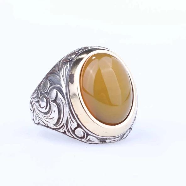 925 Ayar Gümüş ve Bronz Karışımı Sarı Akik Taşlı Erkek Yüzük ürün görseli