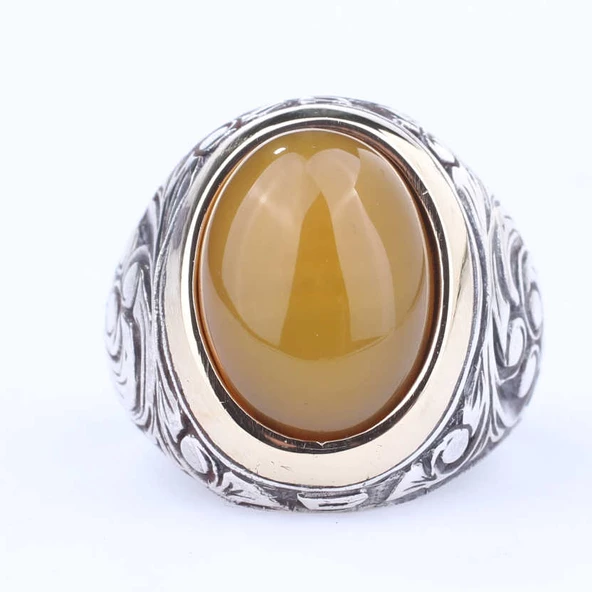 925 Ayar Gümüş ve Bronz Karışımı Sarı Akik Taşlı Erkek Yüzük - Resim 4