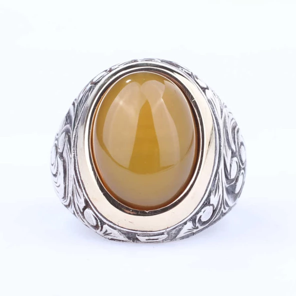 925 Ayar Gümüş ve Bronz Karışımı Sarı Akik Taşlı Erkek Yüzük - Resim 3