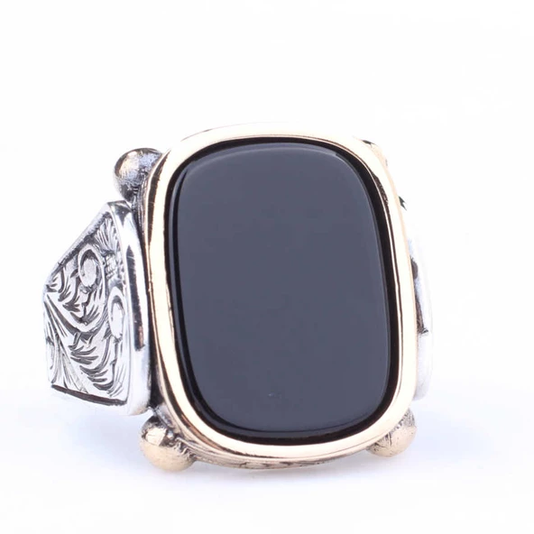 925 Ayar Gümüş ve Bronz Karışımı Oniks Taşlı Erkek Yüzük - Resim 4
