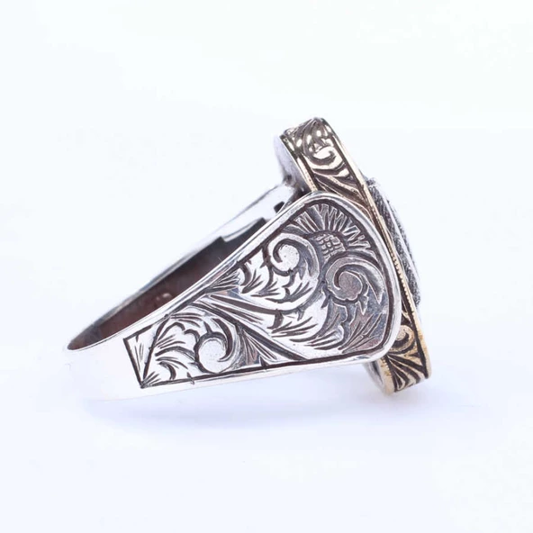 925 Ayar Gümüş ve Bronz Karışımı Dövmeli Kayı Boyu Motifli Erkek Yüzük - Resim 3