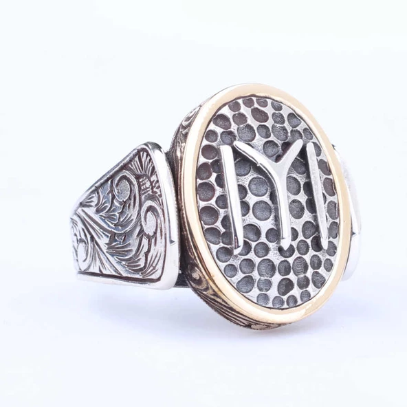 925 Ayar Gümüş ve Bronz Karışımı Dövmeli Kayı Boyu Motifli Erkek Yüzük - Resim 2