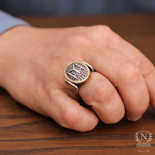 925 Ayar Gümüş ve Bronz Karışımı Dövmeli Kayı Boyu Motifli Erkek Yüzük ürün görseli 1