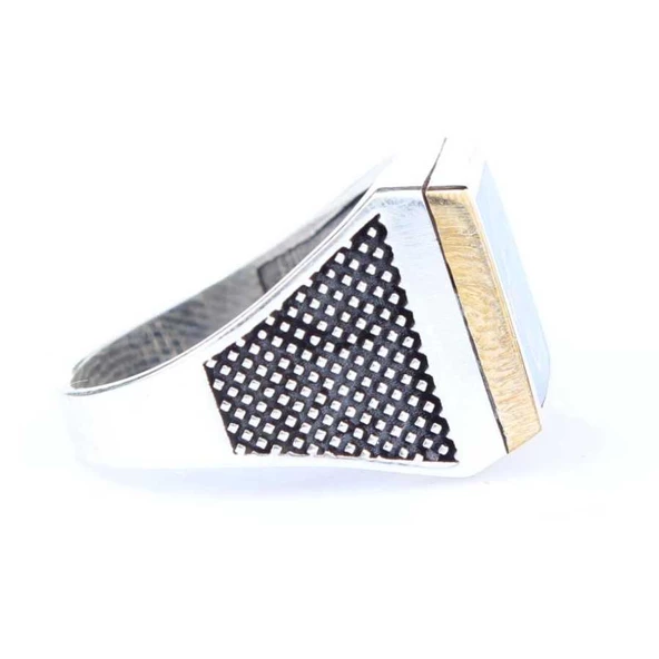 925 Ayar Gümüş ve Bronz Karışımı Kare Mavi Mineli Osmanlı Tuğrası Erkek Yüzük - Resim 2