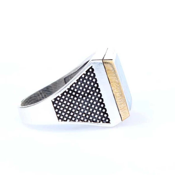 925 Ayar Gümüş ve Bronz Karışımı Kare Mavi Mineli Osmanlı Tuğrası Erkek Yüzük - Resim 3