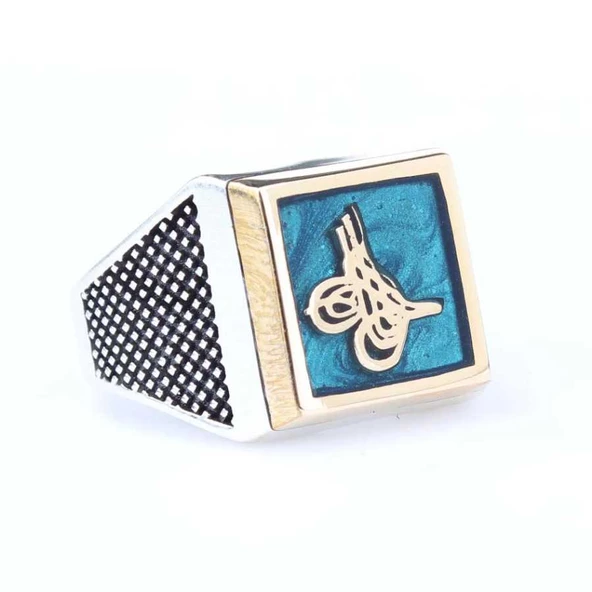 925 Ayar Gümüş ve Bronz Karışımı Kare Mavi Mineli Osmanlı Tuğrası Erkek Yüzük ürün görseli