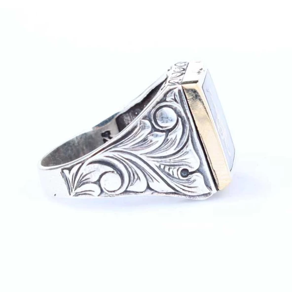 925 Ayar Gümüş ve Bronz Karışımı Kare Gri Mineli Osmanlı Tuğrası Erkek Yüzük - Resim 2