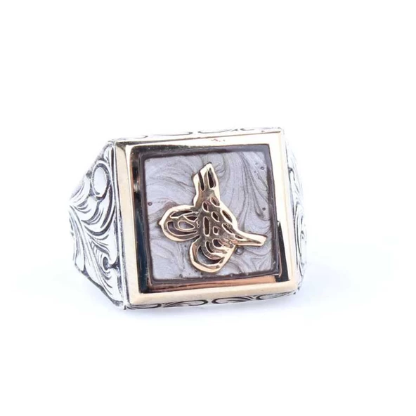 925 Ayar Gümüş ve Bronz Karışımı Kare Gri Mineli Osmanlı Tuğrası Erkek Yüzük - Resim 3