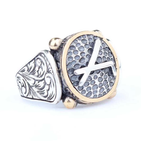 925 Ayar Gümüş ve Bronz Karışımı Dövmeli Çepni Boyu Sembolü Erkek Yüzük - Resim 2