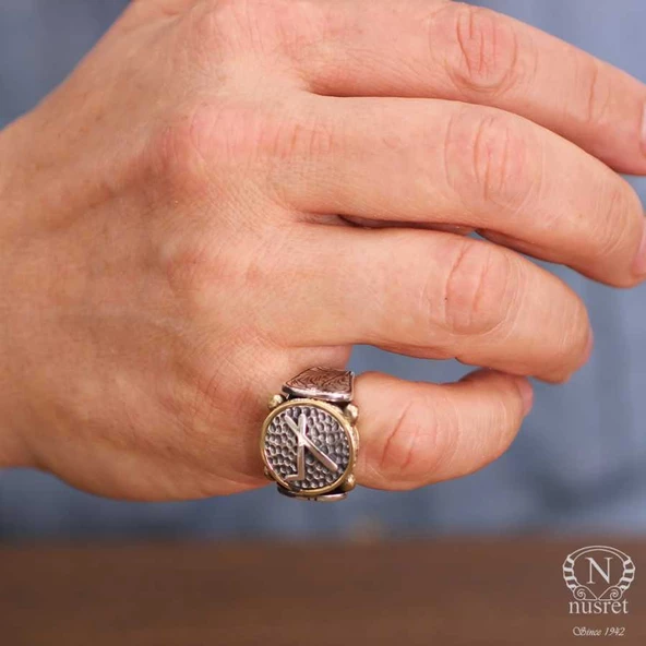 925 Ayar Gümüş ve Bronz Karışımı Dövmeli Çepni Boyu Sembolü Erkek Yüzük - Resim 5
