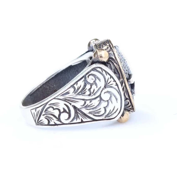 925 Ayar Gümüş ve Bronz Karışımı Dövmeli Çepni Boyu Sembolü Erkek Yüzük - Resim 3