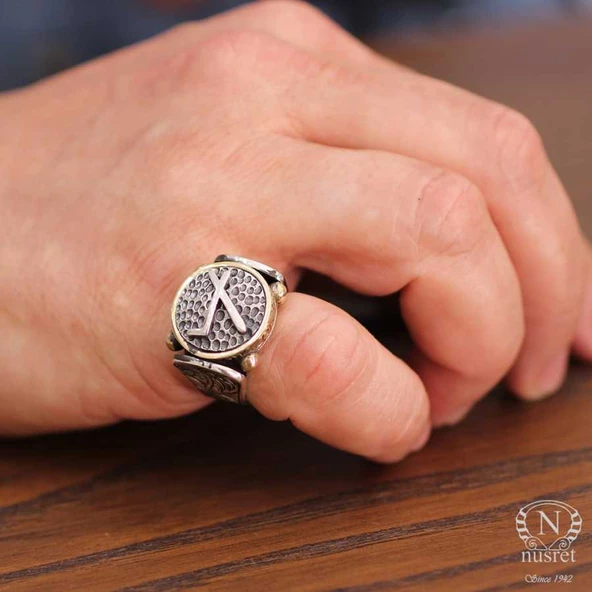 925 Ayar Gümüş ve Bronz Karışımı Dövmeli Çepni Boyu Sembolü Erkek Yüzük ürün görseli 1