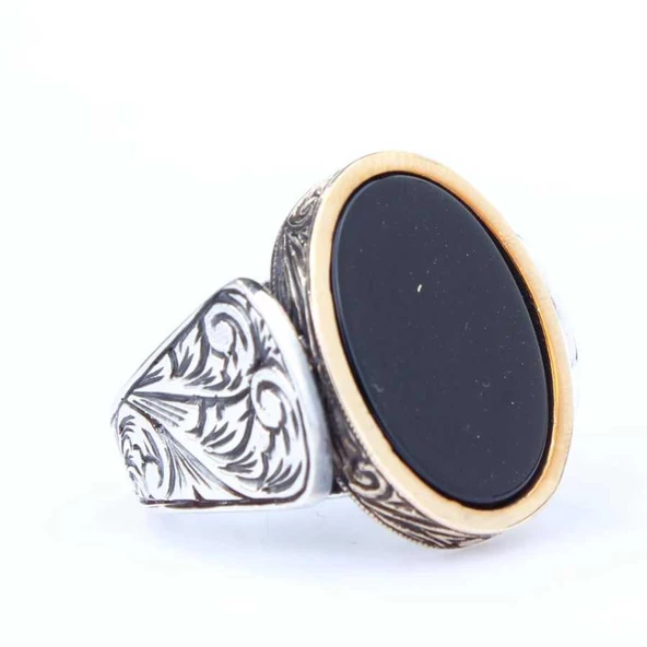 925 Ayar Gümüş ve Bronz Dikdörtgen Oniks Taşlı Erkek Yüzük ürün görseli 1