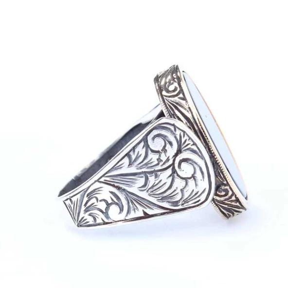 925 Ayar Gümüş ve Bronz Dikdörtgen Oniks Taşlı Erkek Yüzük - Resim 3