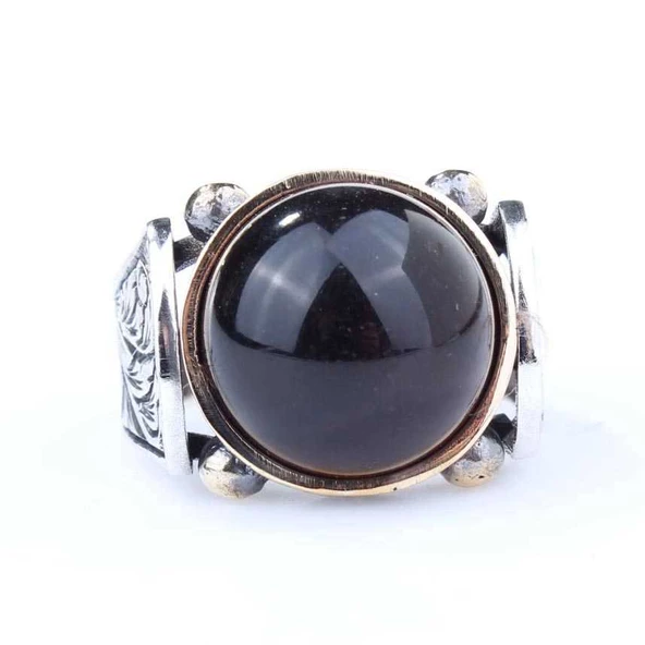 925 Ayar Gümüş ve Bronz Karışımı Kahverengi Akik Taşlı Erkek Yüzük - Resim 4