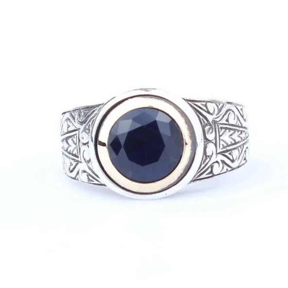 925 Ayar Gümüş ve Bronz Karışımı Safir Taşlı Erkek Yüzük - Resim 4