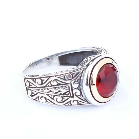 925 Ayar Gümüş ve Bronz Karışımı Yakut Taşlı Erkek Yüzük - 4