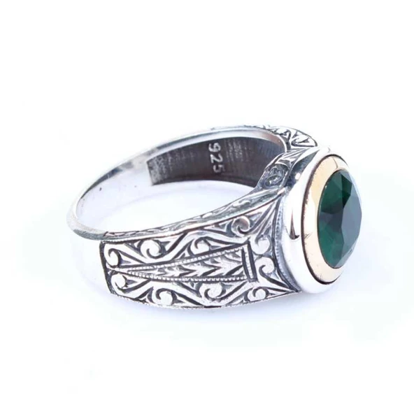925 Ayar Gümüş ve Bronz Karışımı Zümrüt Taşlı Erkek Yüzük - Resim 4