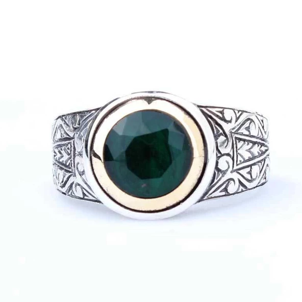 925 Ayar Gümüş ve Bronz Karışımı Zümrüt Taşlı Erkek Yüzük - Resim 3