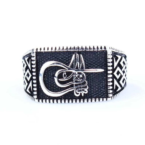 925 Ayar Gümüş Osmanlı Tuğrası Desenli Erkek Yüzük - Resim 3