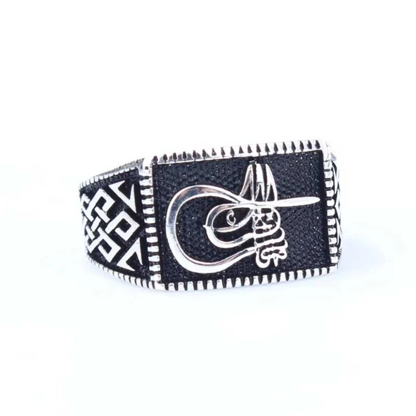 925 Ayar Gümüş Osmanlı Tuğrası Desenli Erkek Yüzük - Resim 4