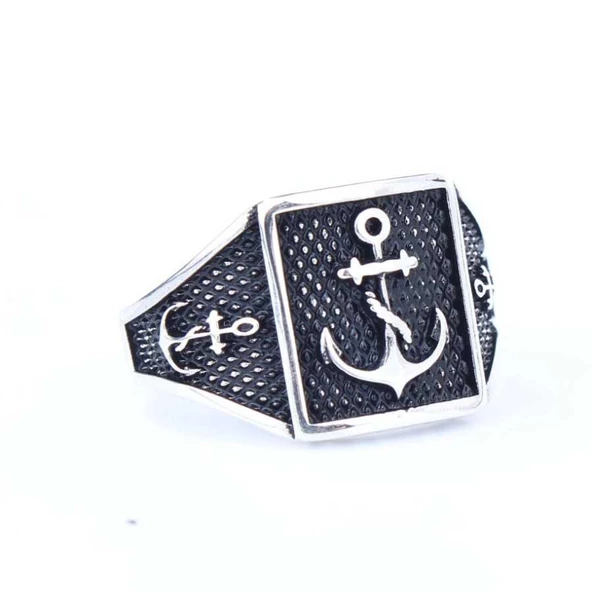 925 Ayar Gümüş Deniz Çapası Desenli Erkek Yüzük - Resim 4