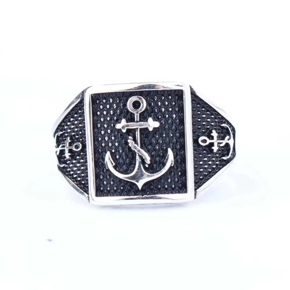 925 Ayar Gümüş Deniz Çapası Desenli Erkek Yüzük - Resim 3