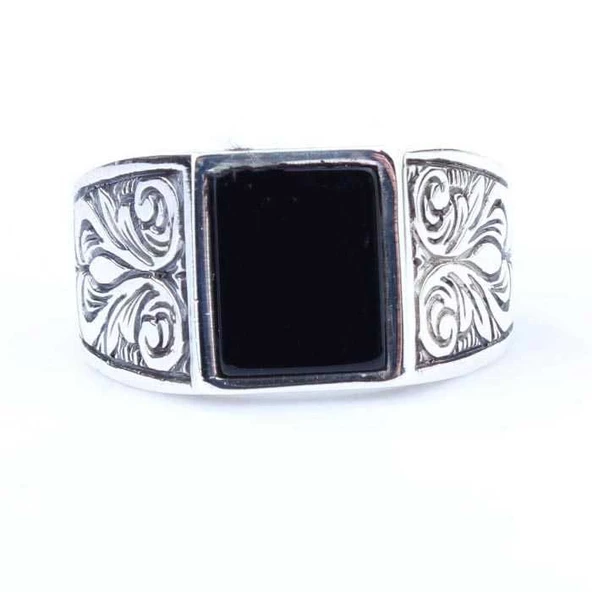 Siyah Oniks Taşlı 925 Ayar Gümüş Erkek Yüzük - Resim 3