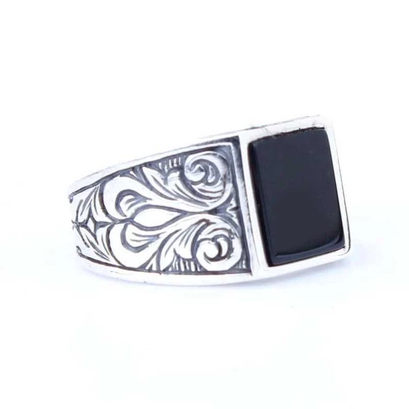 Siyah Oniks Taşlı 925 Ayar Gümüş Erkek Yüzük ürün görseli 1