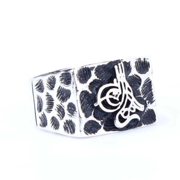 925 Ayar Gümüş Osmanlı Tuğrası Benek Desenli Erkek Yüzük ürün görseli 1