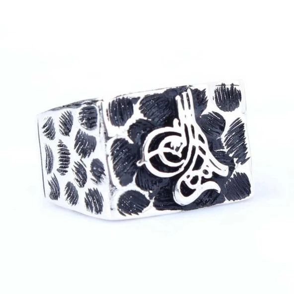 925 Ayar Gümüş Osmanlı Tuğrası Benek Desenli Erkek Yüzük - Resim 2