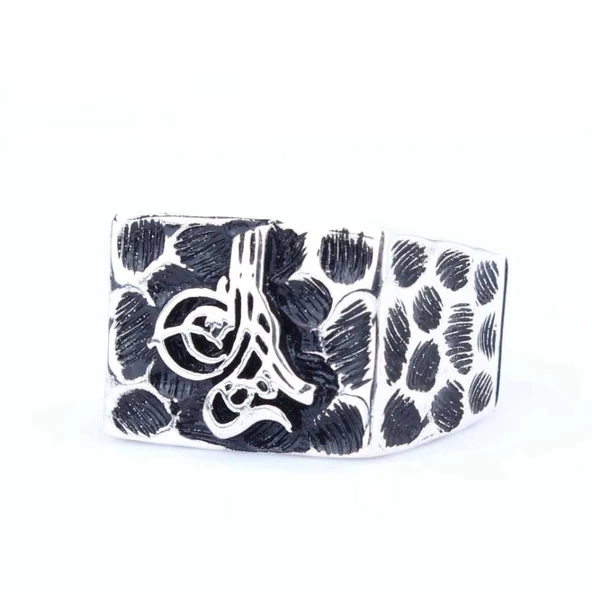 925 Ayar Gümüş Osmanlı Tuğrası Benek Desenli Erkek Yüzük - Resim 5