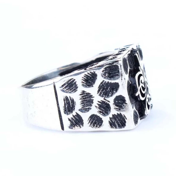 925 Ayar Gümüş Osmanlı Tuğrası Benek Desenli Erkek Yüzük - Resim 3