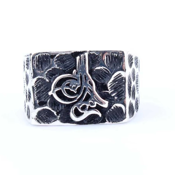 925 Ayar Gümüş Osmanlı Tuğrası Benek Desenli Erkek Yüzük - Resim 4