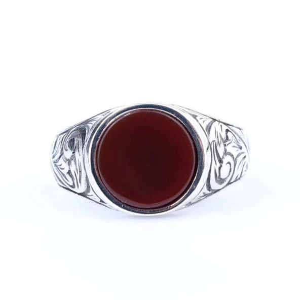 925 Ayar Gümüş Kırmızı Akik Taş Erkek Yüzük - Resim 4
