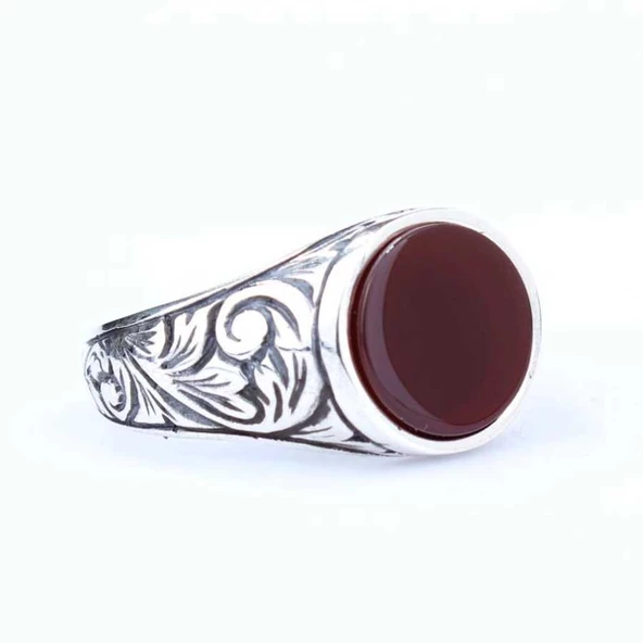 925 Ayar Gümüş Kırmızı Akik Taş Erkek Yüzük - Resim 2