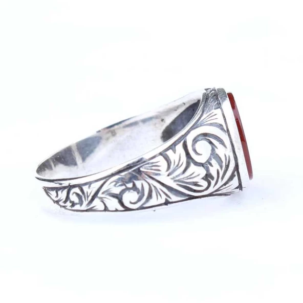 925 Ayar Gümüş Kırmızı Akik Taş Erkek Yüzük - Resim 3