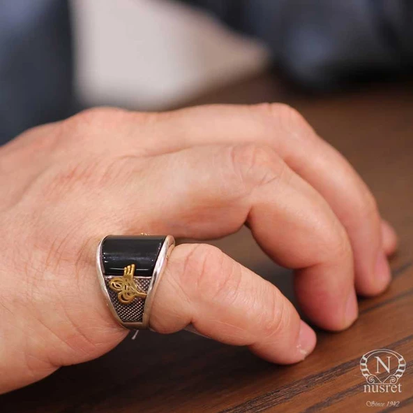 925 Ayar Gümüş Oniks Taşlı Tuğra Sembolü Erkek Yüzük - Resim 6