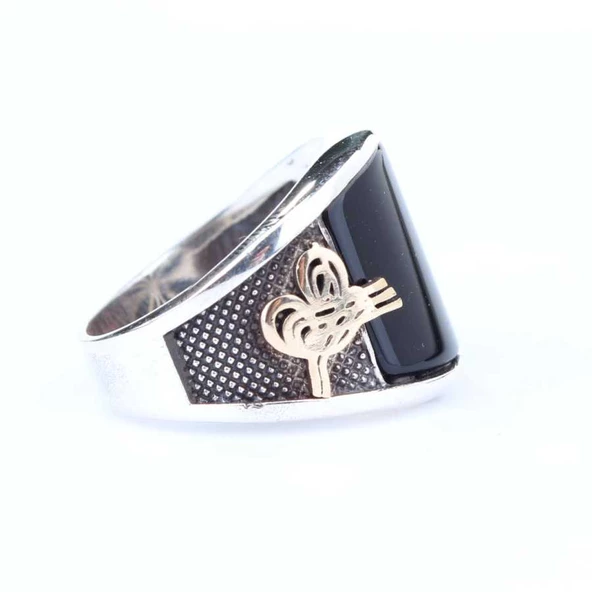 925 Ayar Gümüş Oniks Taşlı Tuğra Sembolü Erkek Yüzük - Resim 3