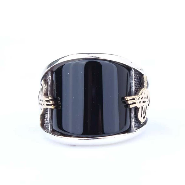 925 Ayar Gümüş Oniks Taşlı Tuğra Sembolü Erkek Yüzük - Resim 5