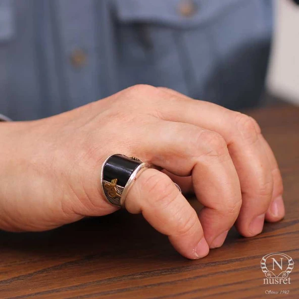 925 Ayar Gümüş Oniks Taşlı Tuğra Sembolü Erkek Yüzük - Resim 7
