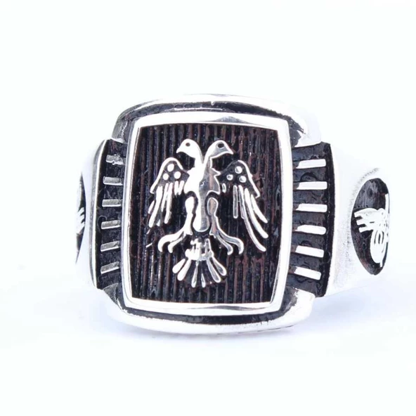 925 Ayar Gümüş Selçuklu Kartalı ve Osmanlı Tuğralı Erkek Yüzük - Resim 3